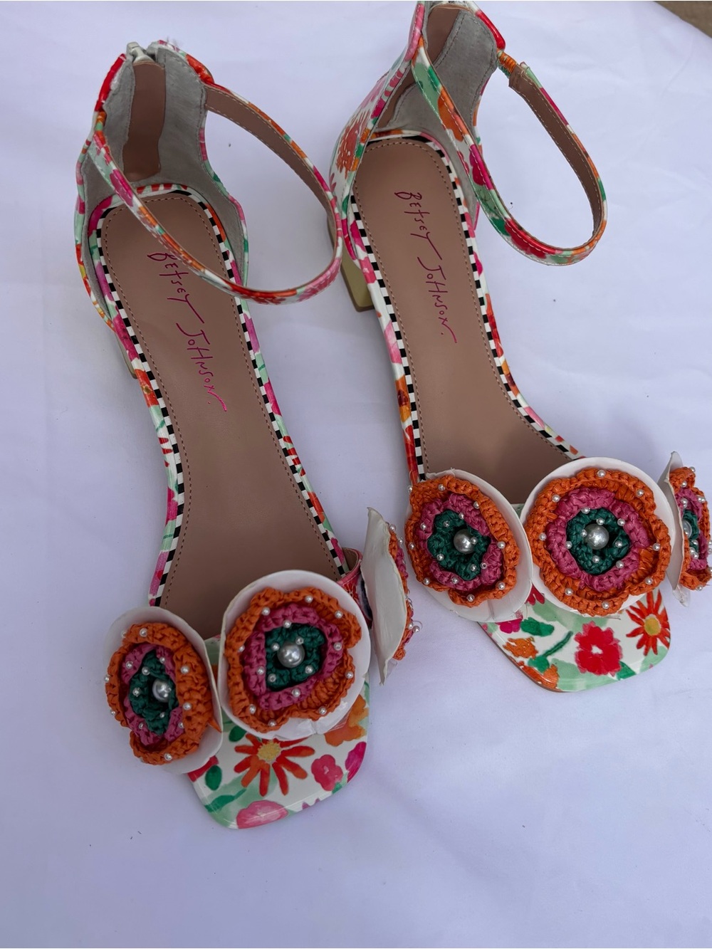 Betsey Johnson Floral Beaded Ankle-Strap Flats in White, Orange, Pink, Green